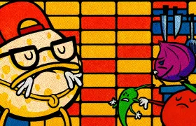 Cartoon food mascot in red cap facing angry pepper, onion and tomato