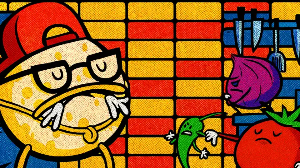 Cartoon food mascot in red cap facing angry pepper, onion and tomato