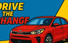 Red Kia hatchback pop art with Drive the Change slogan