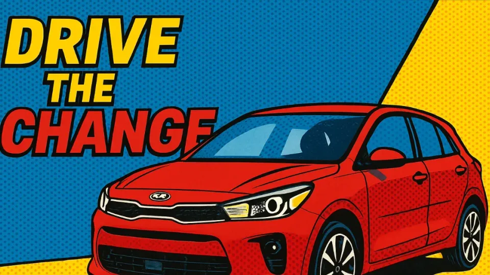 Red Kia hatchback pop art with Drive the Change slogan