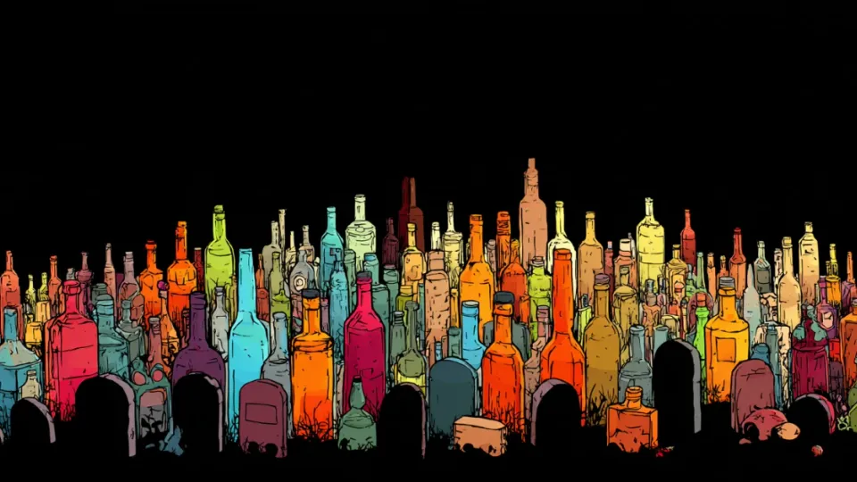 Colorful liquor bottles standing like tombstones in a graveyard illustration