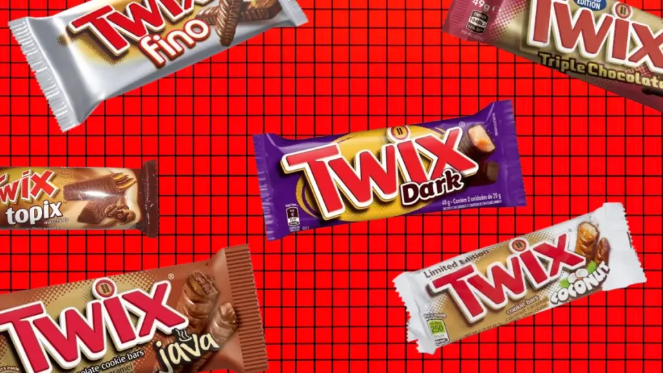 Six discontinued Twix bar wrappers on a red grid background