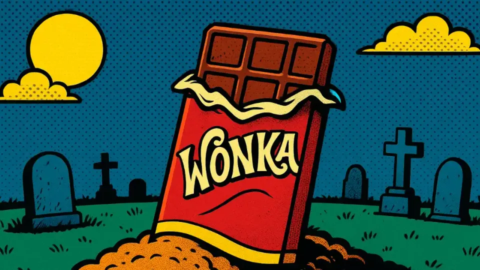 Wonka chocolate bar standing in a cartoon graveyard, pop art style