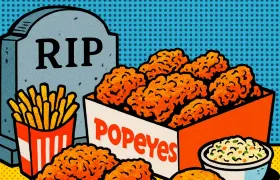 Popeyes fried chicken box and fries beside an RIP headstone