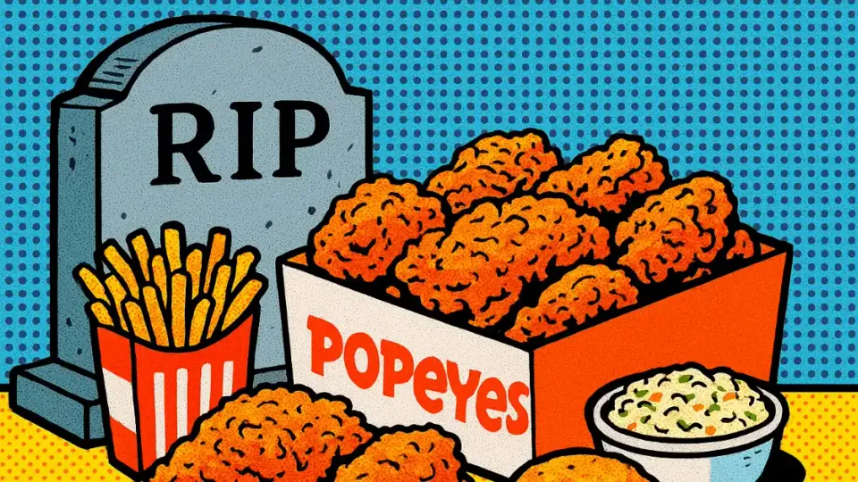 Popeyes fried chicken box and fries beside an RIP headstone