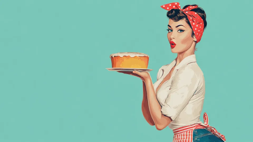 Retro illustrated housewife holding a frosted layer cake