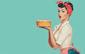 Retro illustrated housewife holding a frosted layer cake
