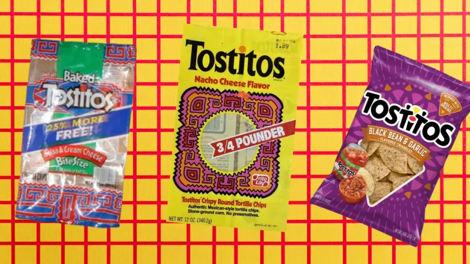 Three vintage Tostitos tortilla chip bags including nacho cheese and black bean