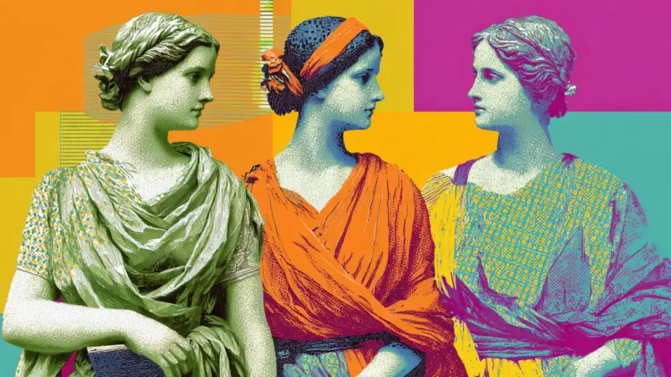 Pop-art collage of three ancient Greek women in draped robes