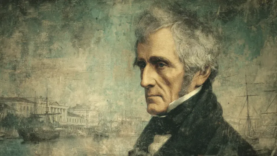 Andrew Jackson portrait with harbor and sailing ships behind
