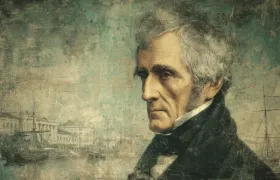 Andrew Jackson portrait with harbor and sailing ships behind