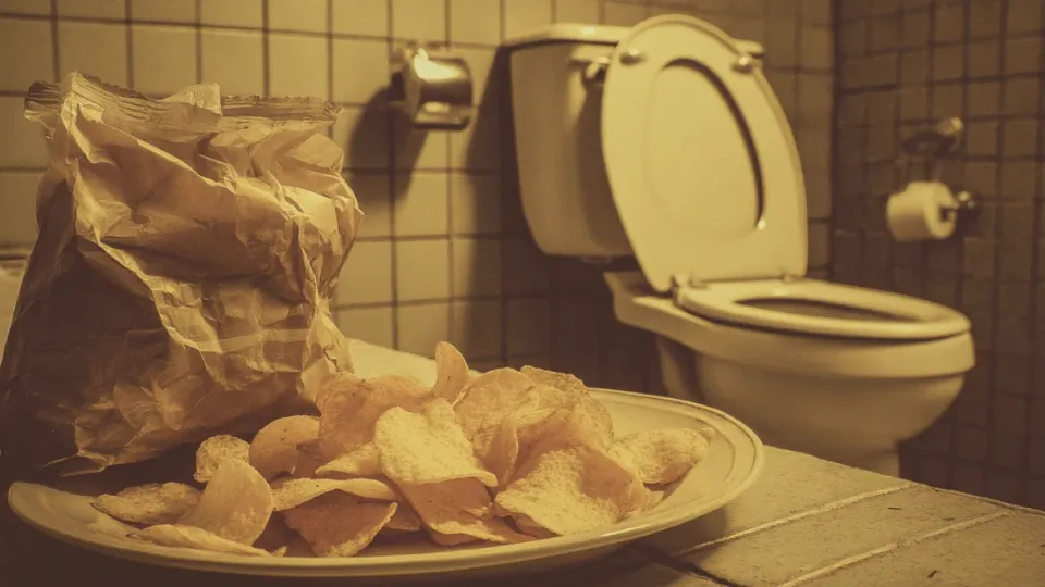 Potato chips on plate and open chip bag beside toilet