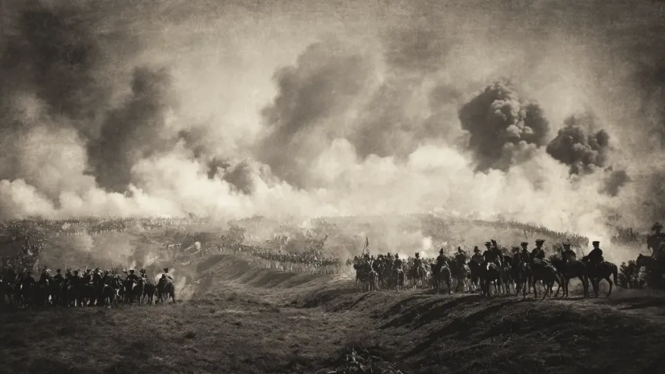 Sepia painting of Napoleonic-era infantry lines and cavalry amid gunsmoke