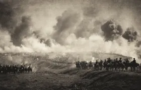 Sepia painting of Napoleonic-era infantry lines and cavalry amid gunsmoke