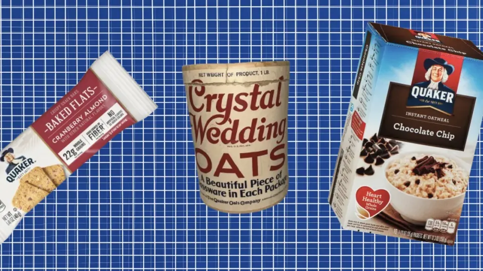 Quaker Baked Flats bar, Crystal Wedding Oats tin, Chocolate Chip oatmeal box