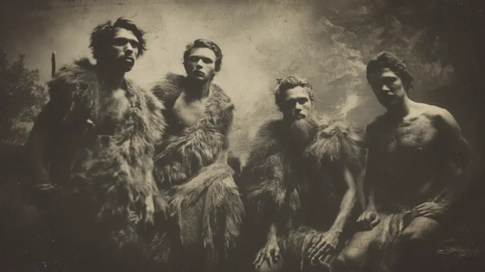 Four men wearing animal fur wraps in a sepia caveman portrait