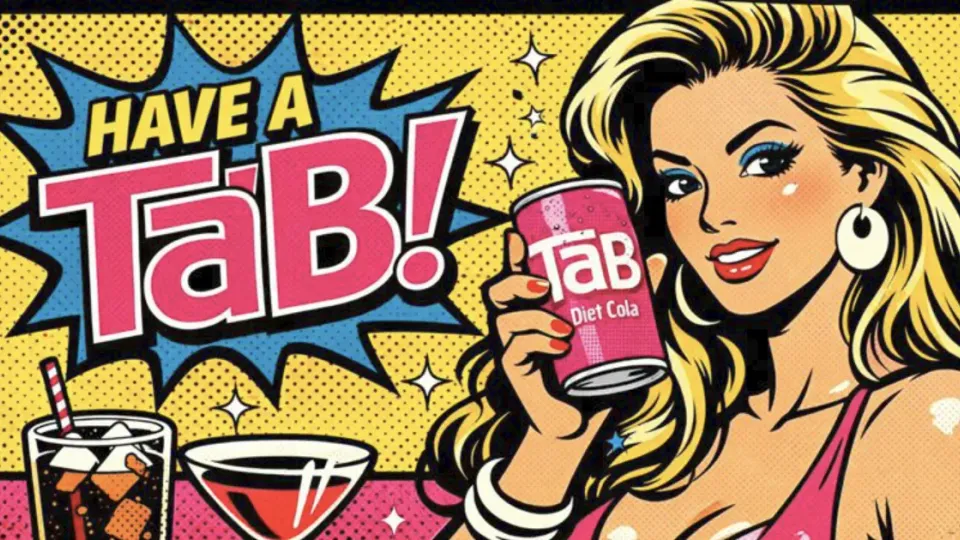 Pop art woman holding a pink TaB Diet Cola can