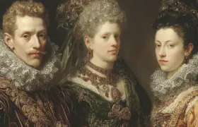 Baroque oil painting of a nobleman and two women in lace ruffs