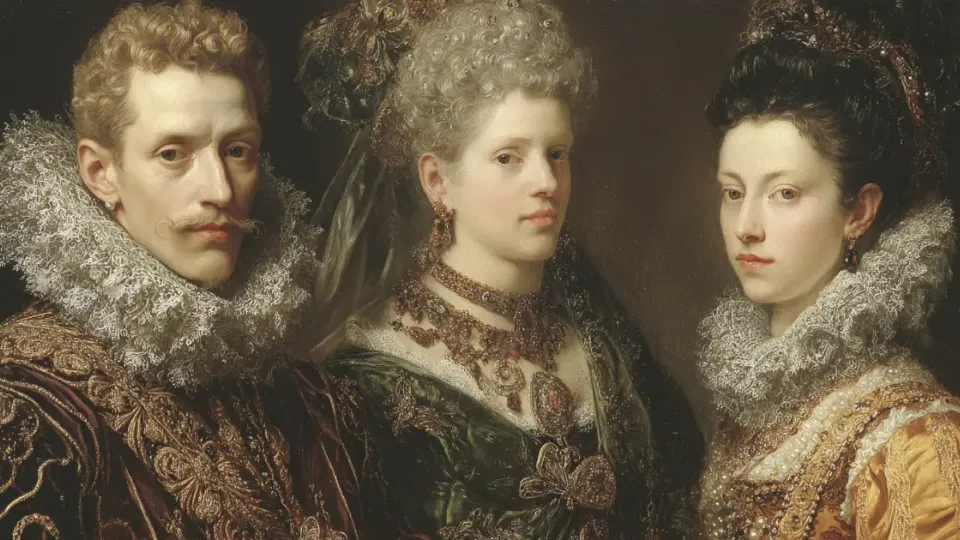 Baroque oil painting of a nobleman and two women in lace ruffs