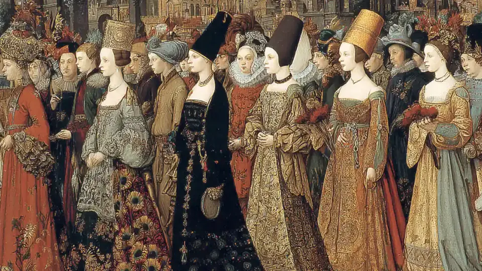 Painted procession of noblewomen in ornate gowns and tall hats