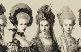 Engraving of five 18th-century women in powdered wigs, lace collars and elaborate hats
