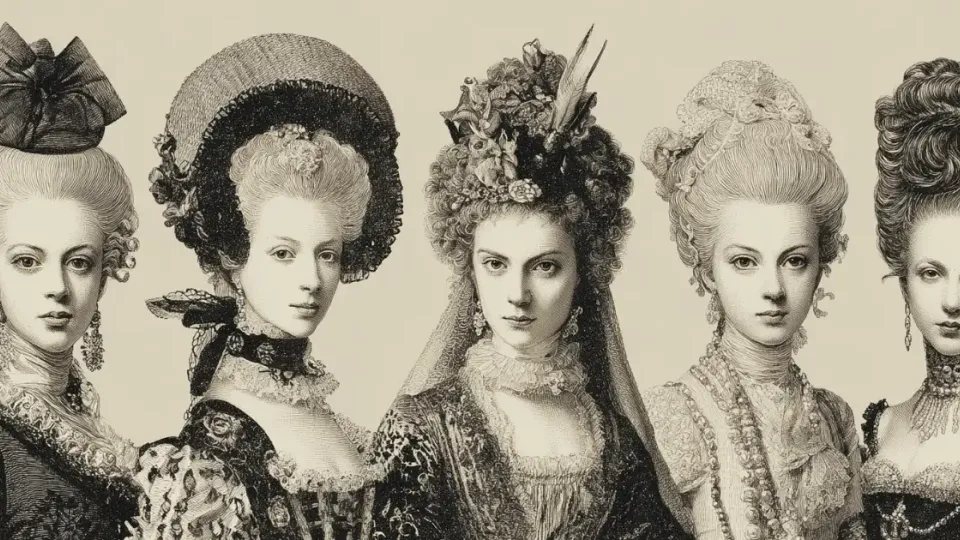 Engraving of five 18th-century women in powdered wigs, lace collars and elaborate hats