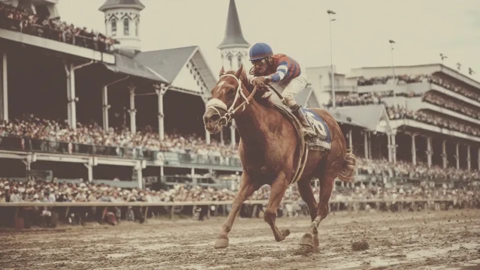 Chestnut racehorse and jockey galloping past a packed grandstand