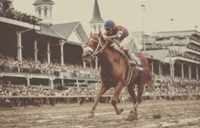 Chestnut racehorse and jockey galloping past a packed grandstand