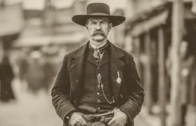 Mustached lawman in a wide-brimmed hat on a frontier street