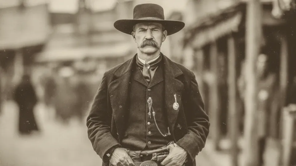 Mustached lawman in a wide-brimmed hat on a frontier street