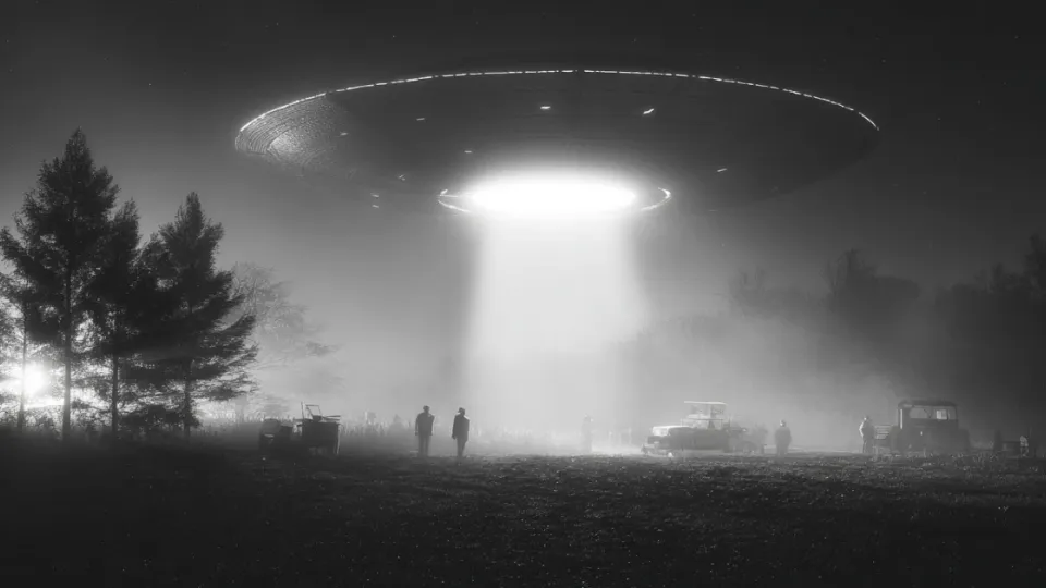 Flying saucer hovering with a light beam over onlookers at night