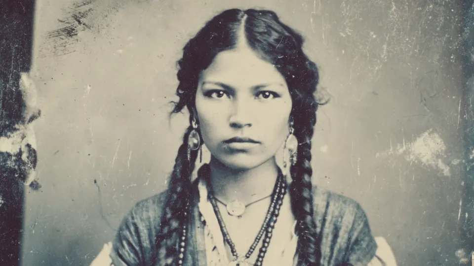 Vintage-style portrait of a Native American woman with braids and beaded necklaces