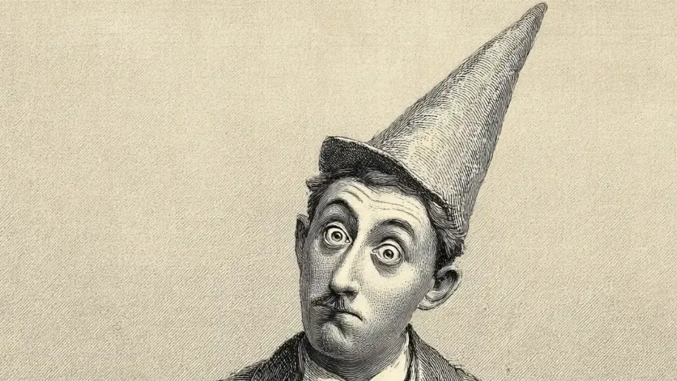 Engraving of a wide-eyed man wearing a tall dunce cap