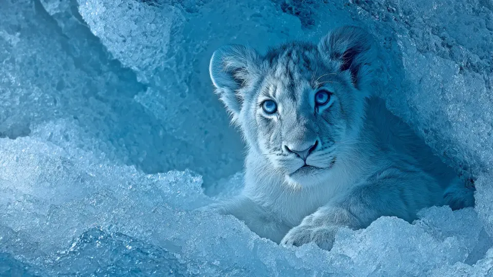 White lion cub with blue eyes lying inside an ice cave