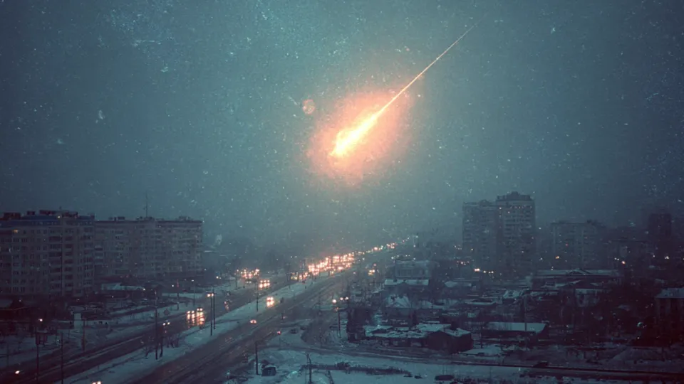 Meteor fireball streaking over a snowy city at night