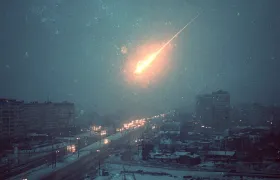 Meteor fireball streaking over a snowy city at night