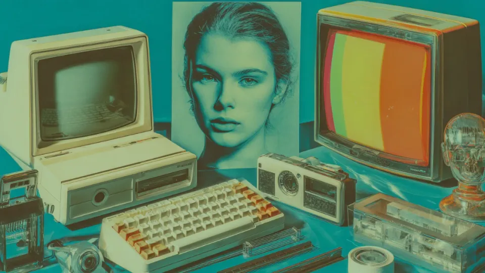 Teal-toned collage of 1970s home computer, color-bar TV, camera and cassette