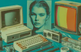 Teal-toned collage of 1970s home computer, color-bar TV, camera and cassette