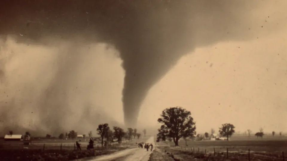 Sepia vintage photograph of a massive tornado funnel over farmland