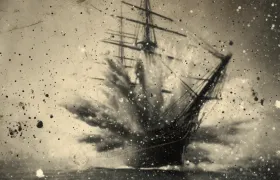 Antique sepia photograph of a sailing ship exploding and sinking