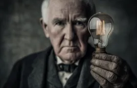 Elderly man in Victorian dress holding a glowing filament light bulb