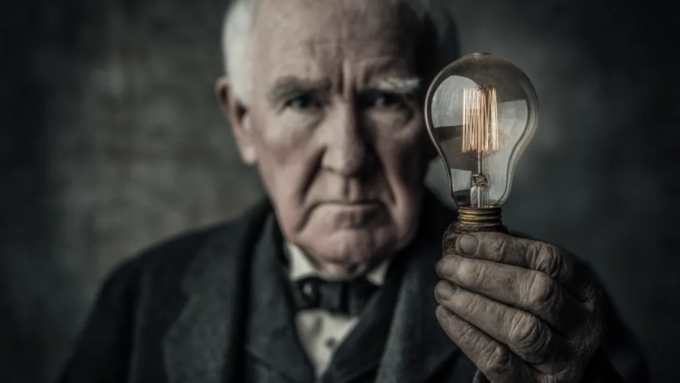Elderly man in Victorian dress holding a glowing filament light bulb