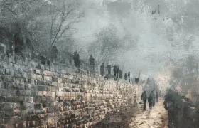 Figures walking along a weathered ancient stone wall in mist