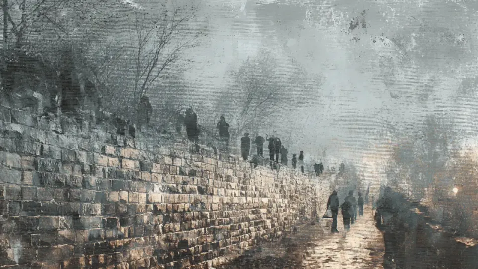 Figures walking along a weathered ancient stone wall in mist