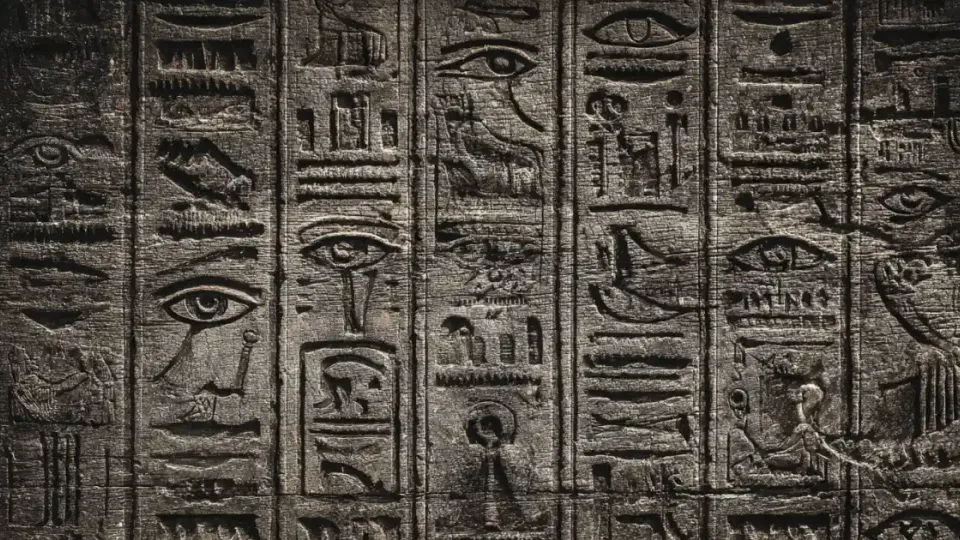 Egyptian hieroglyphs carved in dark stone with wedjat eyes and ankh