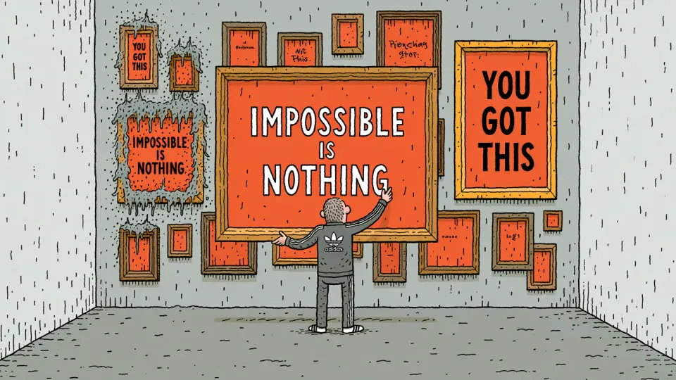 Cartoon of a man in an adidas tracksuit hanging framed slogan posters in a gallery