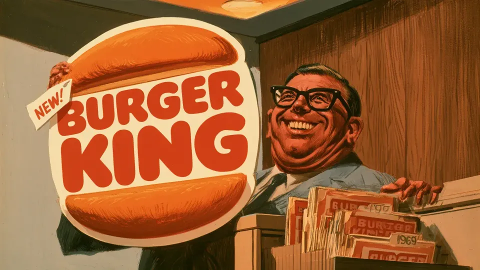 Cartoon of a grinning executive holding up the Burger King bun halves emblem tagged NEW beside a filing cabinet of identical older copies