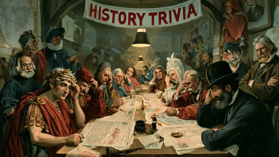 Chromolithograph-style cartoon of figures from many eras — a laurel-crowned Roman, a ruffed Tudor courtier, a powdered-wig noblewoman, and a bowler-hatted Victorian gentleman — puzzling over quiz sheets around one long tavern table beneath a banner reading HISTORY TRIVIA