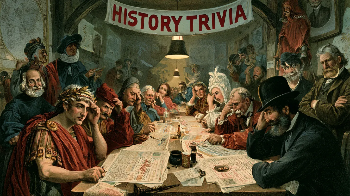 Chromolithograph-style cartoon of figures from many eras — a laurel-crowned Roman, a ruffed Tudor courtier, a powdered-wig noblewoman, and a bowler-hatted Victorian gentleman — puzzling over quiz sheets around one long tavern table beneath a banner reading HISTORY TRIVIA