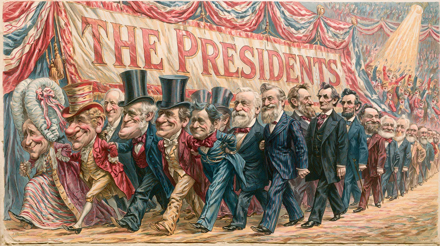 Colorful satirical cartoon parade of caricatured US presidents in top hats and period dress marching beneath a giant banner reading "The Presidents" with flag bunting and a cheering crowd